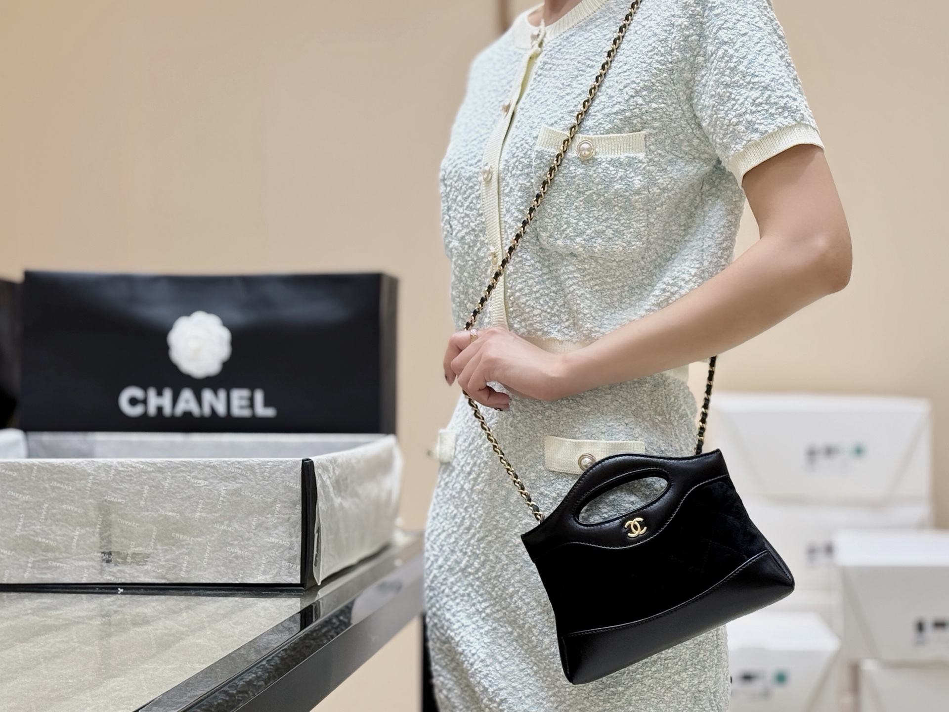 Chanel-Vip-Calfskin-Suede-Leather-Quilted-Mini-31-Shopping-Sholder-Bag-Black